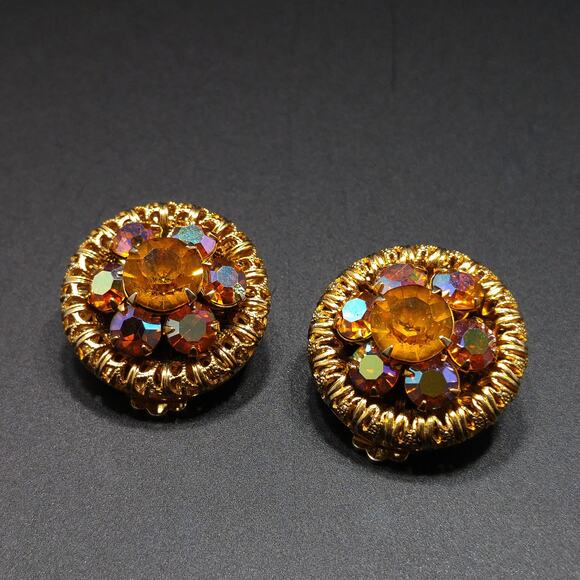 Vintage Topaz Rhinestone Mesh Earrings, Gold Plated, Aurora Borealis, 1950s - Picture 9 of 10